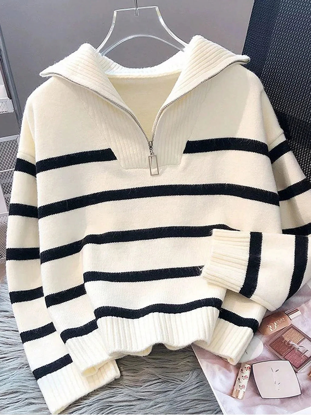 Striped Knit Half Zip Sweater with Collar