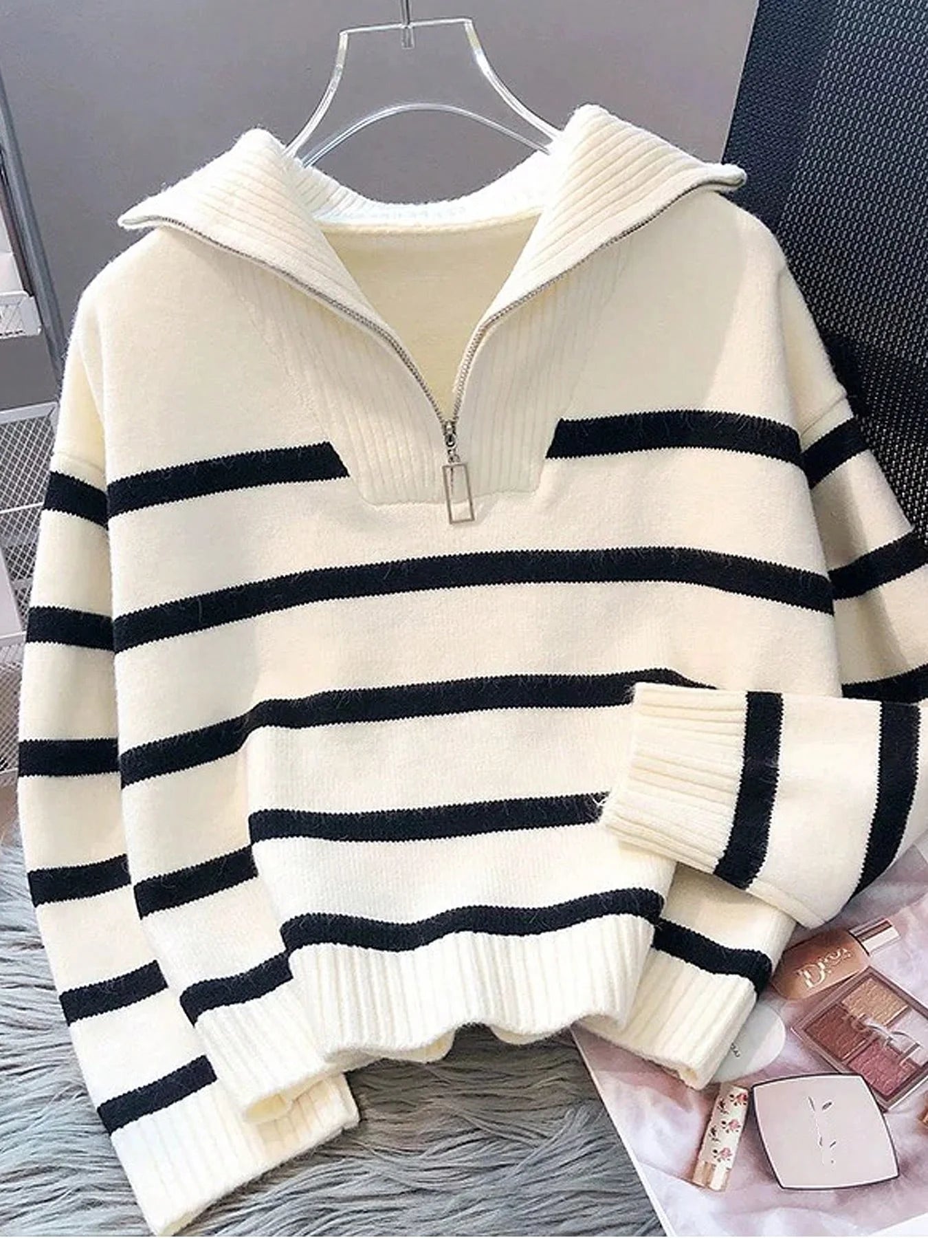 Striped Knit Half Zip Sweater with Collar