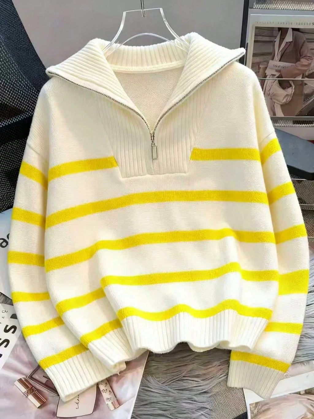 Striped Knit Half Zip Sweater with Collar