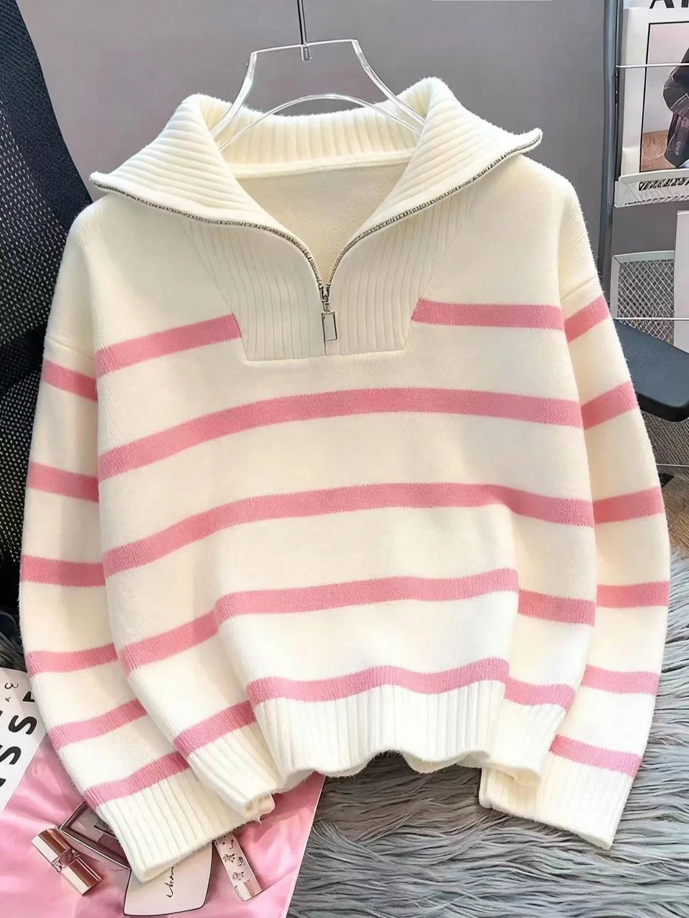 Striped Knit Half Zip Sweater with Collar