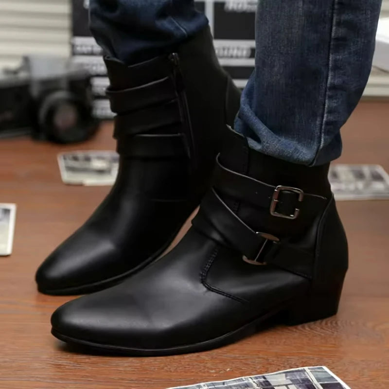 Men's Leather Ankle Boots with Buckle Straps