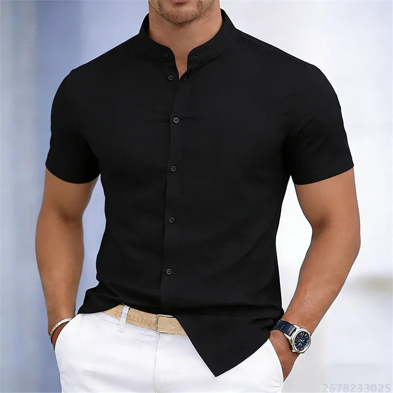 Men's Slim Fit Short Sleeve Mandarin Collar Shirt