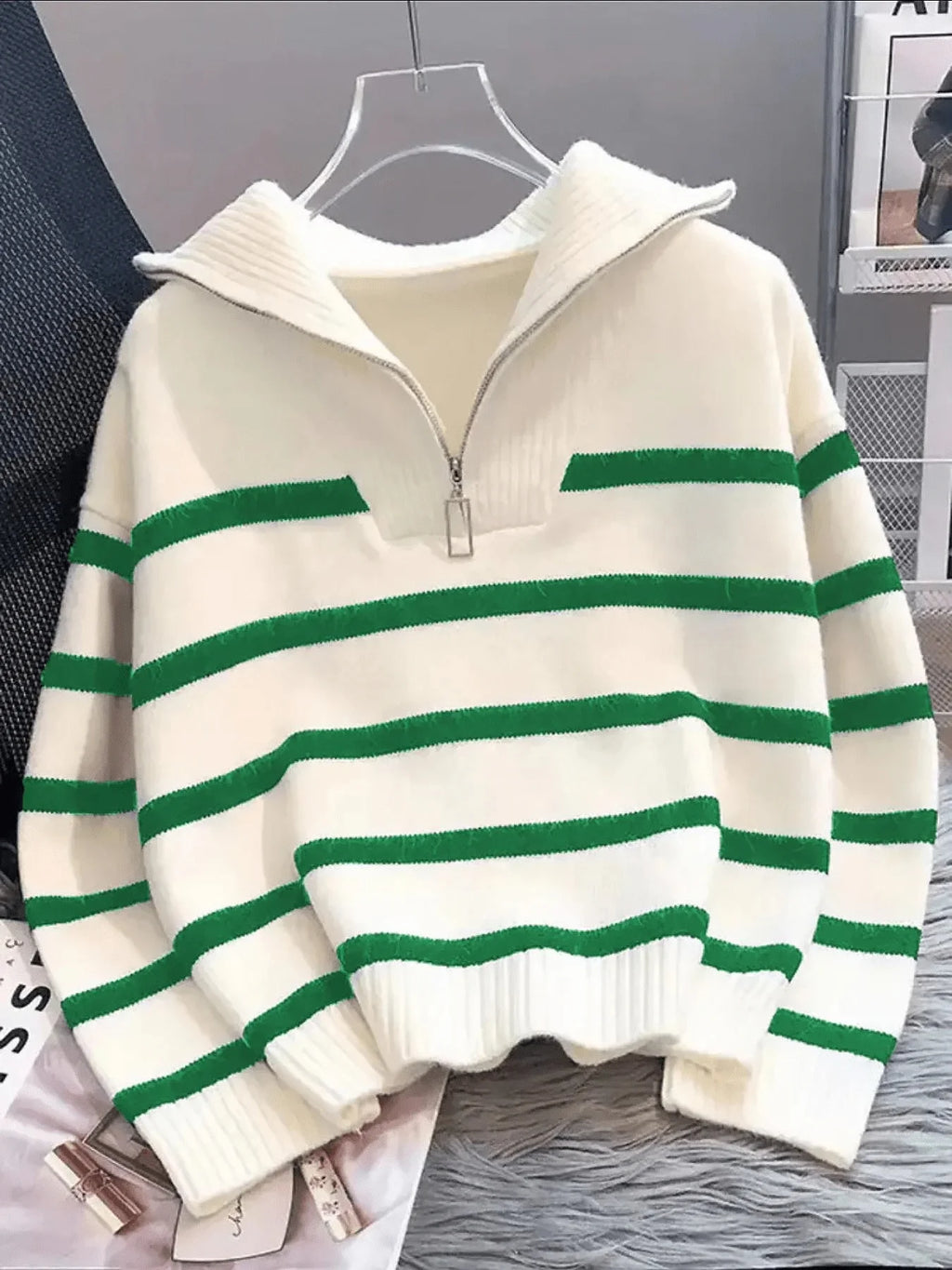 Striped Knit Half Zip Sweater with Collar