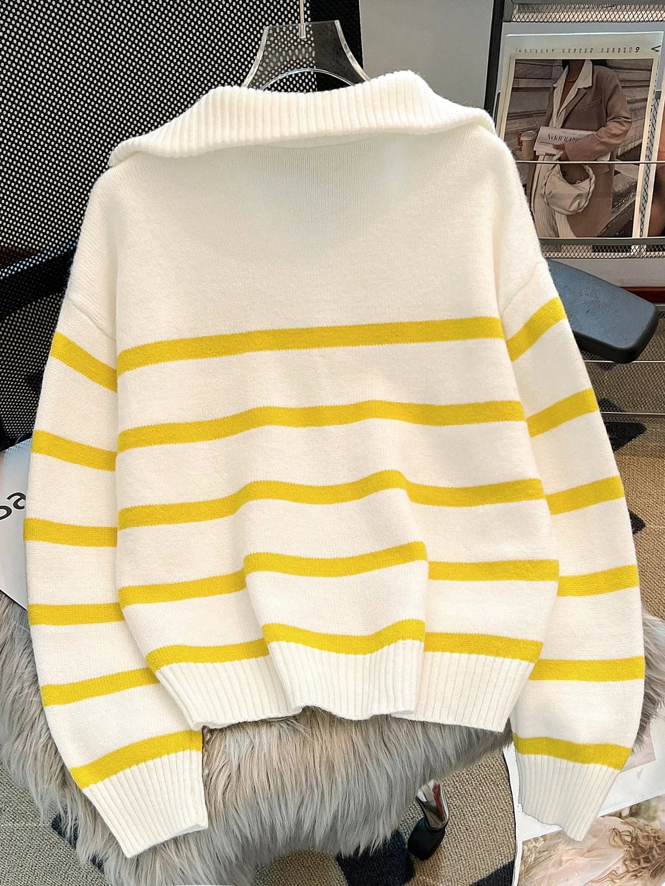 Striped Knit Half Zip Sweater with Collar