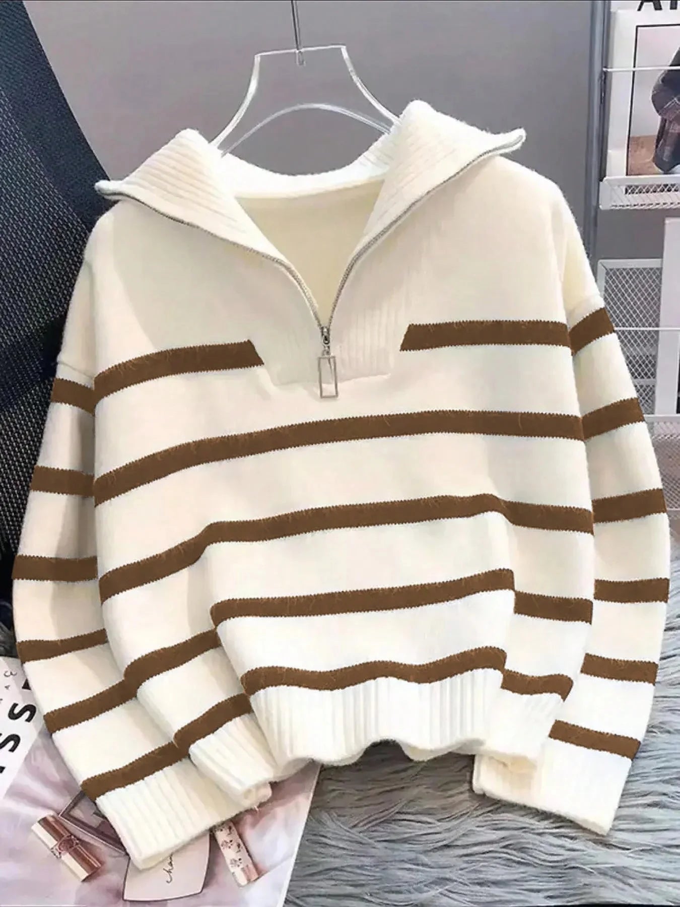 Striped Knit Half Zip Sweater with Collar