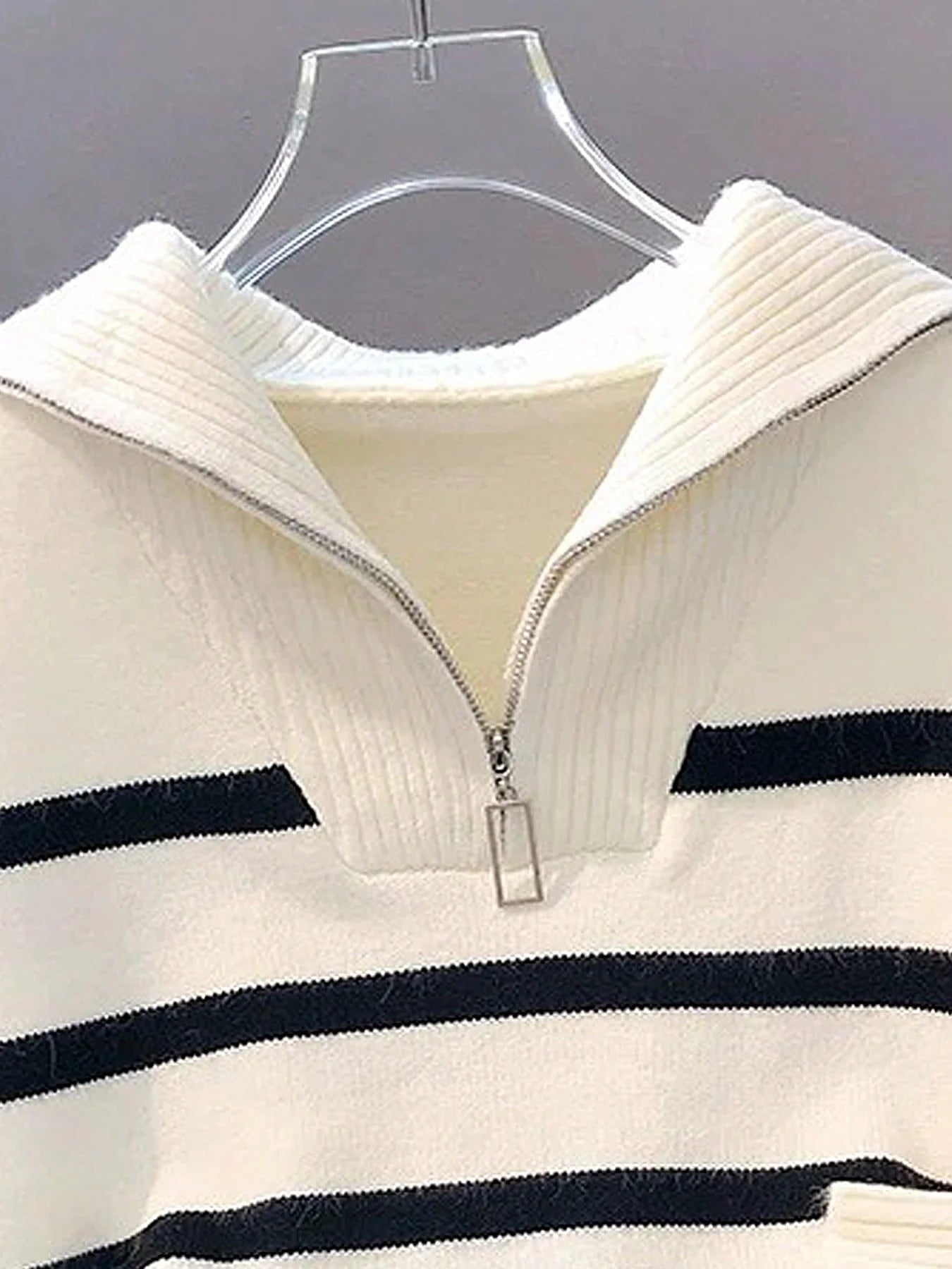 Striped Knit Half Zip Sweater with Collar