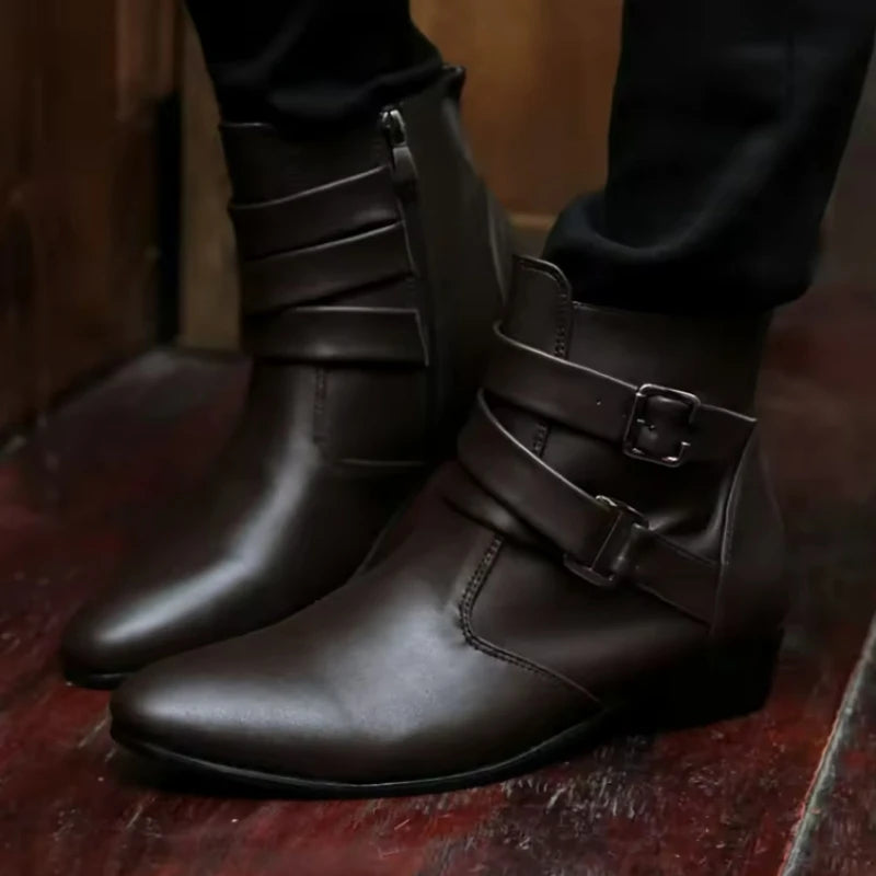 Men's Leather Ankle Boots with Buckle Straps