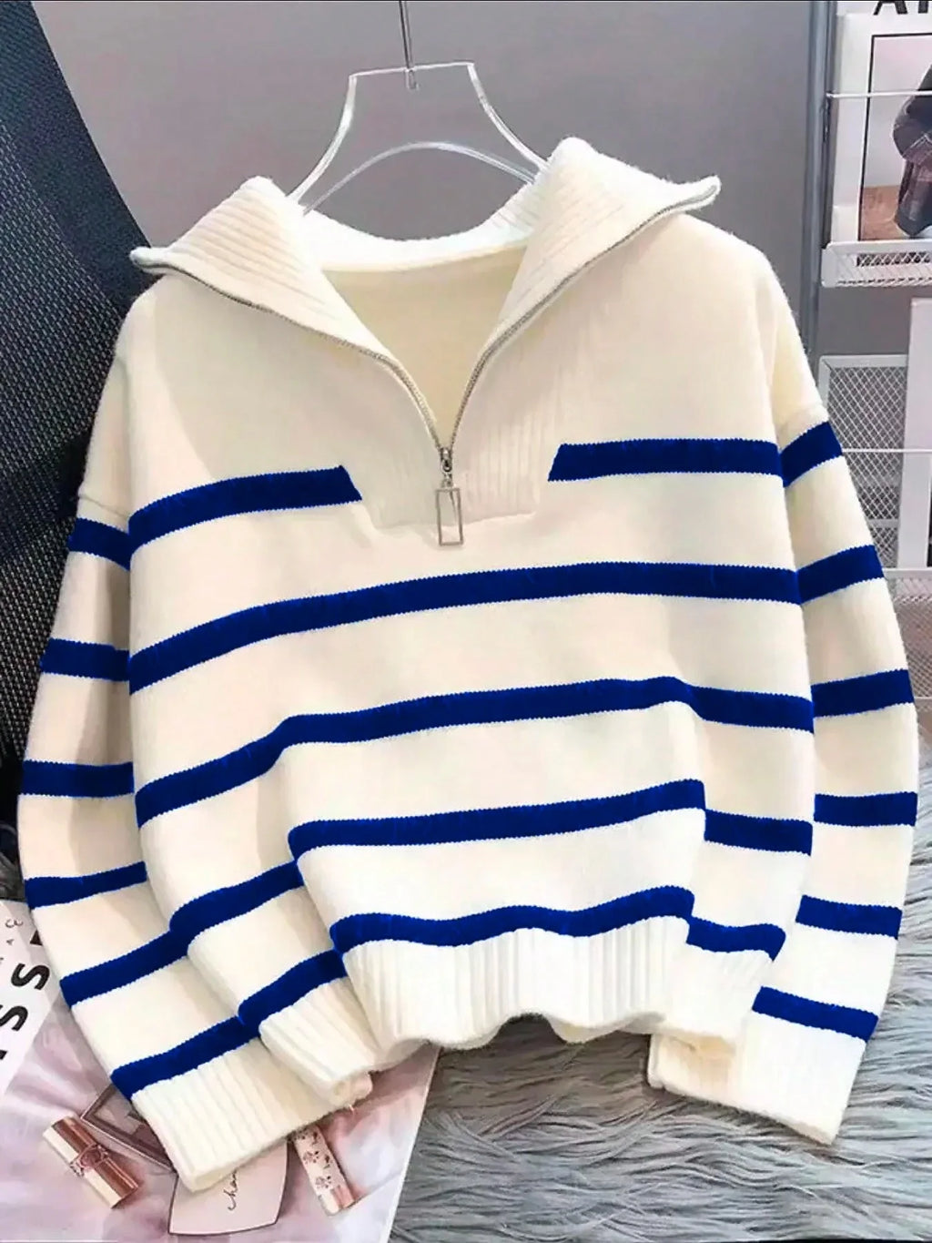 Striped Knit Half Zip Sweater with Collar