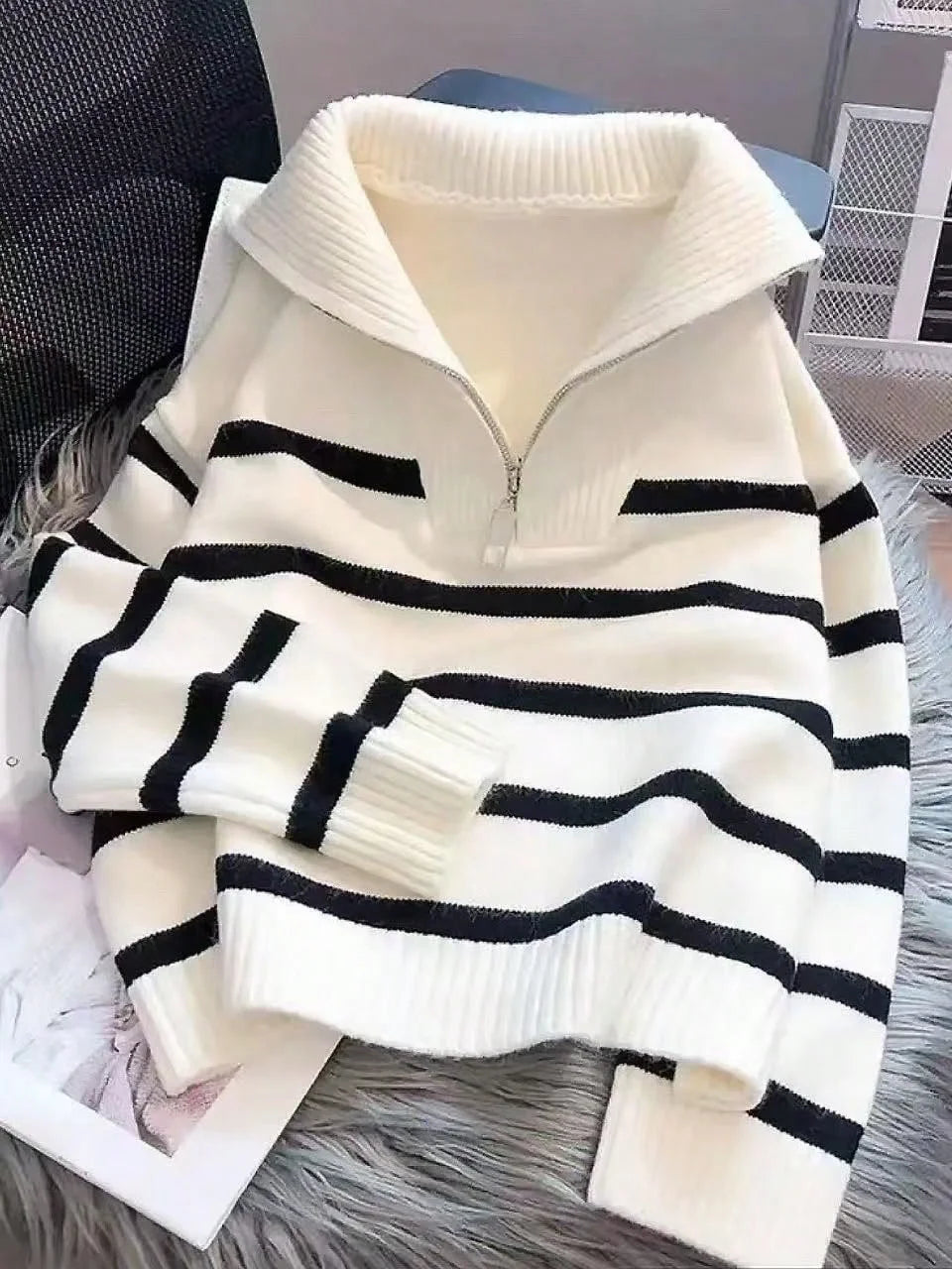 Striped Knit Half Zip Sweater with Collar