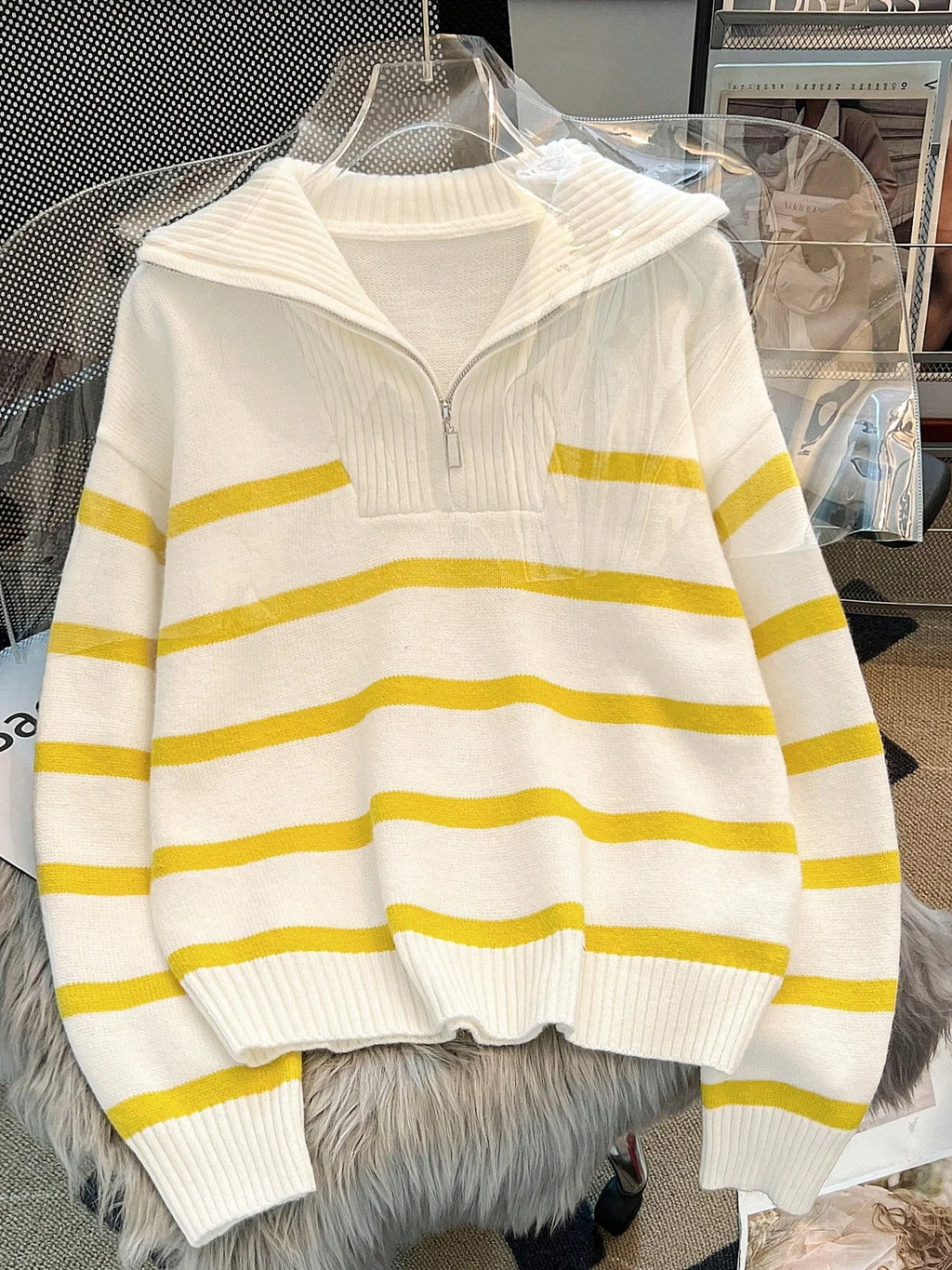 Striped Knit Half Zip Sweater with Collar