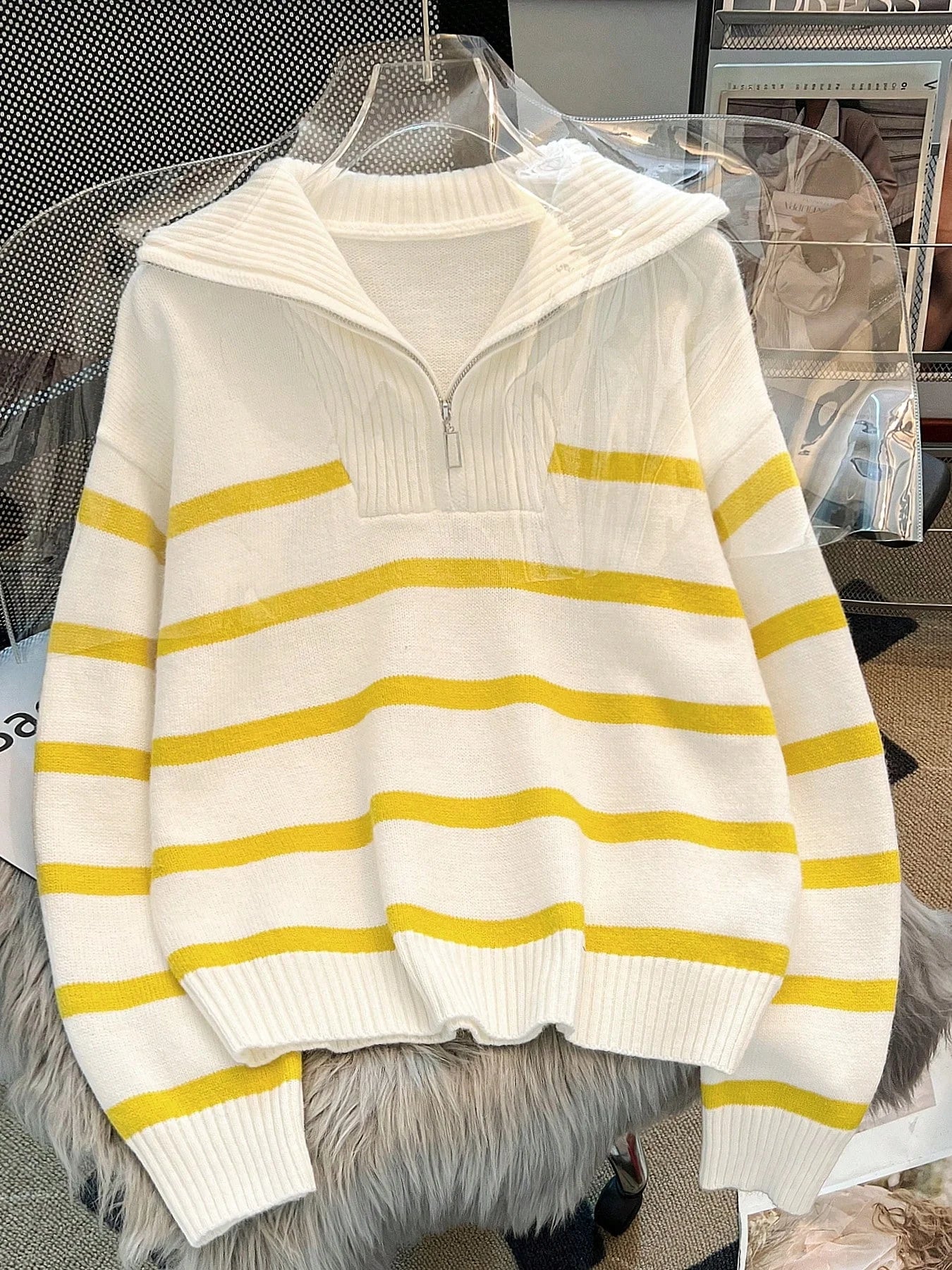 Striped Knit Half Zip Sweater with Collar
