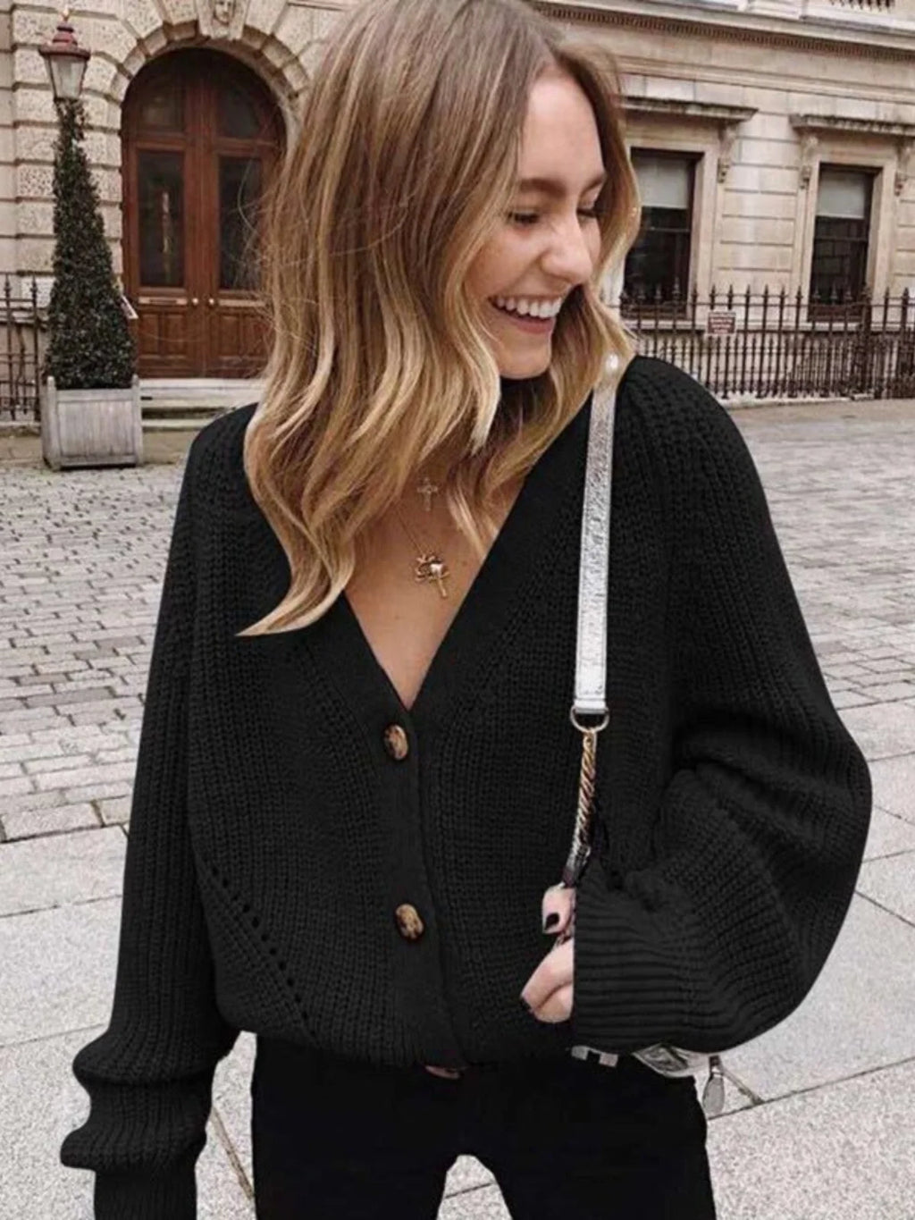 Women's Knit Button Cardigan V Neck Relaxed Fit