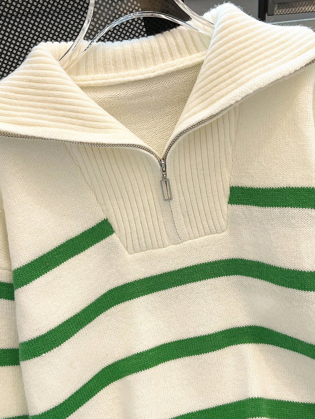Striped Knit Half Zip Sweater with Collar