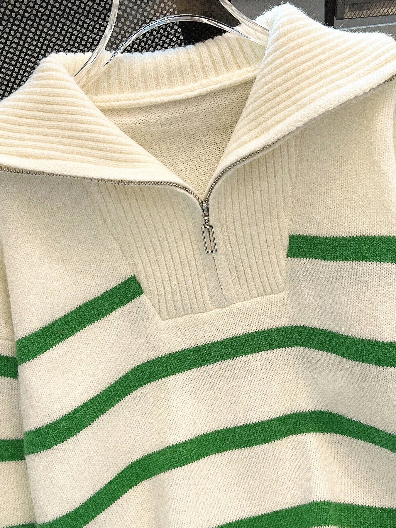 Striped Knit Half Zip Sweater with Collar