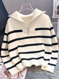 Striped Knit Half Zip Sweater with Collar