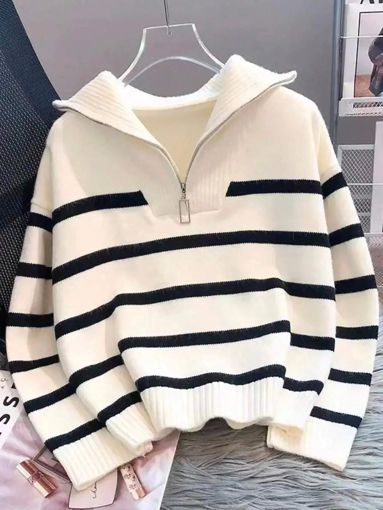 Striped Knit Half Zip Sweater with Collar
