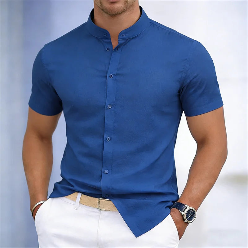 Men's Slim Fit Short Sleeve Mandarin Collar Shirt