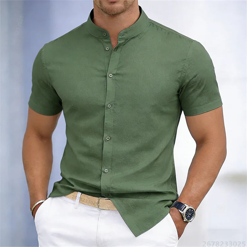 Men's Slim Fit Short Sleeve Mandarin Collar Shirt