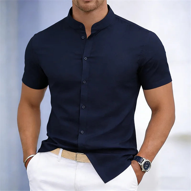 Men's Slim Fit Short Sleeve Mandarin Collar Shirt