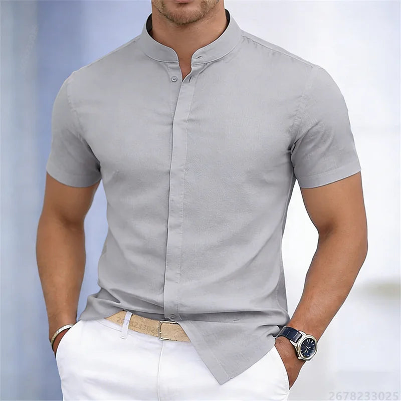 Men's Slim Fit Short Sleeve Mandarin Collar Shirt