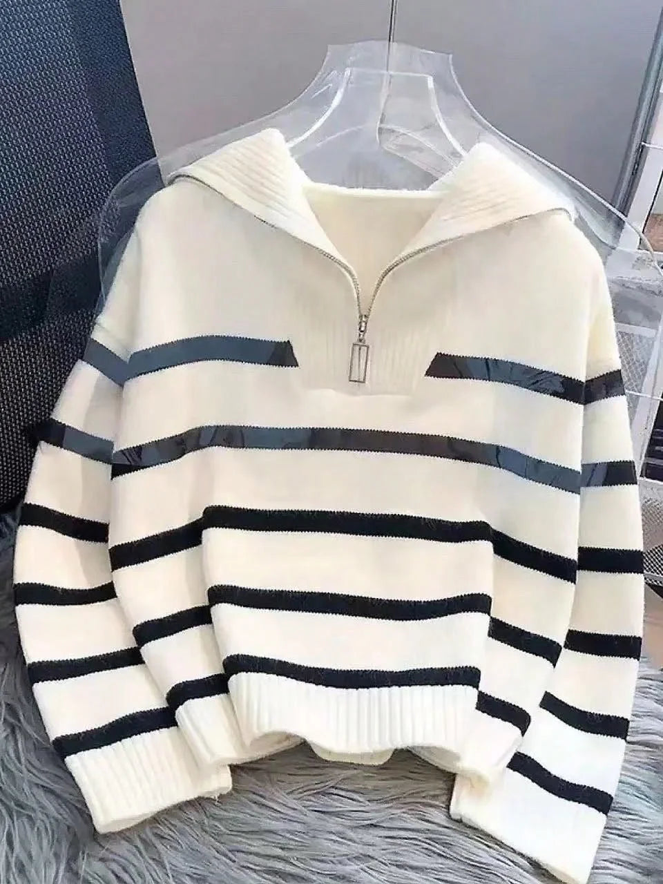 Striped Knit Half Zip Sweater with Collar