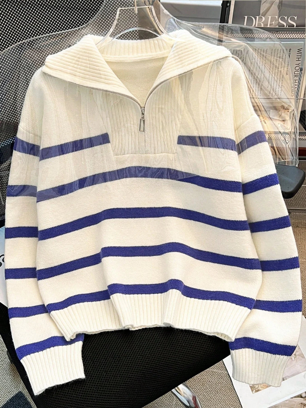 Striped Knit Half Zip Sweater with Collar